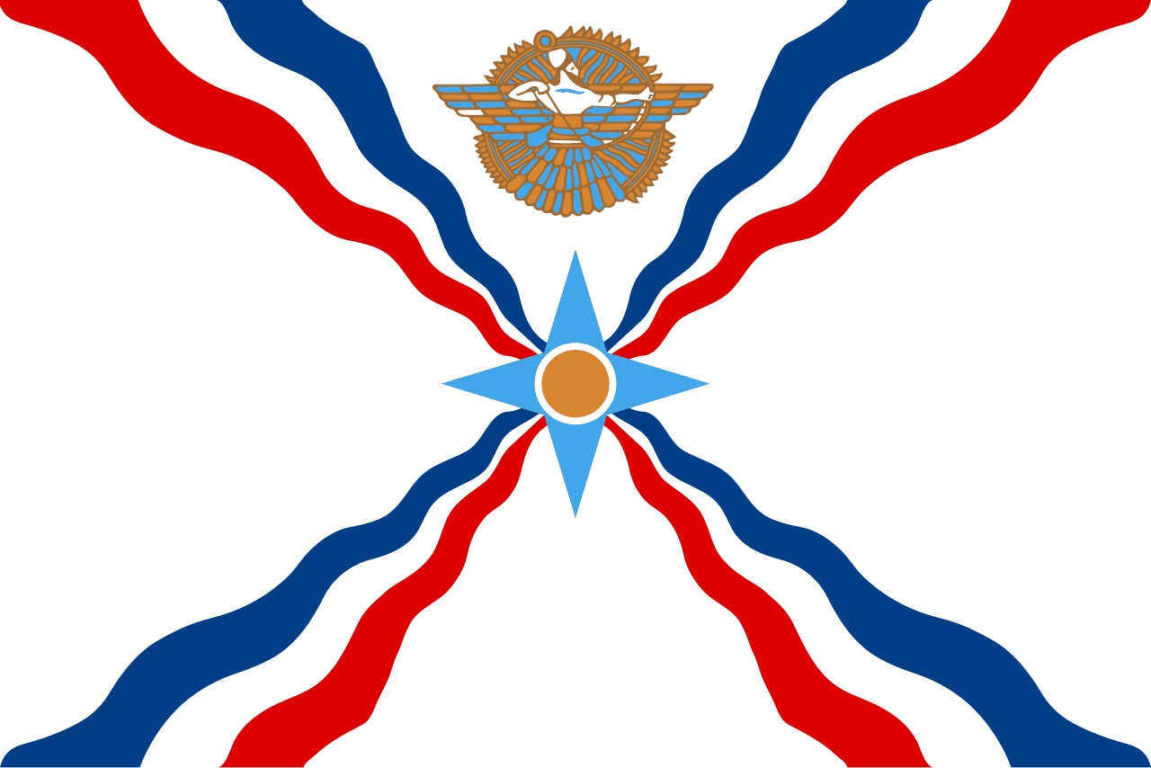 Flag of the Assyrian people — a blue, red, and white banner with the gold Star of Shamash at center